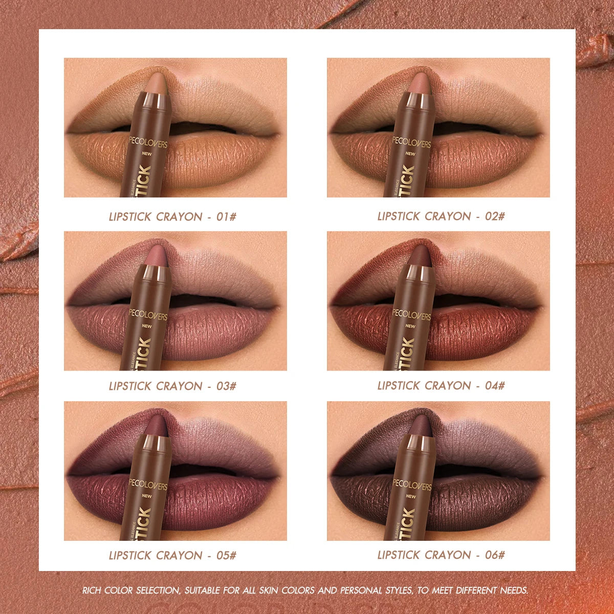 Multi-Color Matte Lipstick Crayon, Long-Lasting & Natural Effect Crayon, for Brown Tone, Matte Finish & High Pigmented