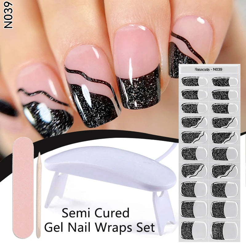 Harunouta 4pcs/set Gradient Jelly Semi Cured Gel Nail Strips with Nail Lamp Nude Pink Waterproof Nail Stickers Long Lasting Wrap