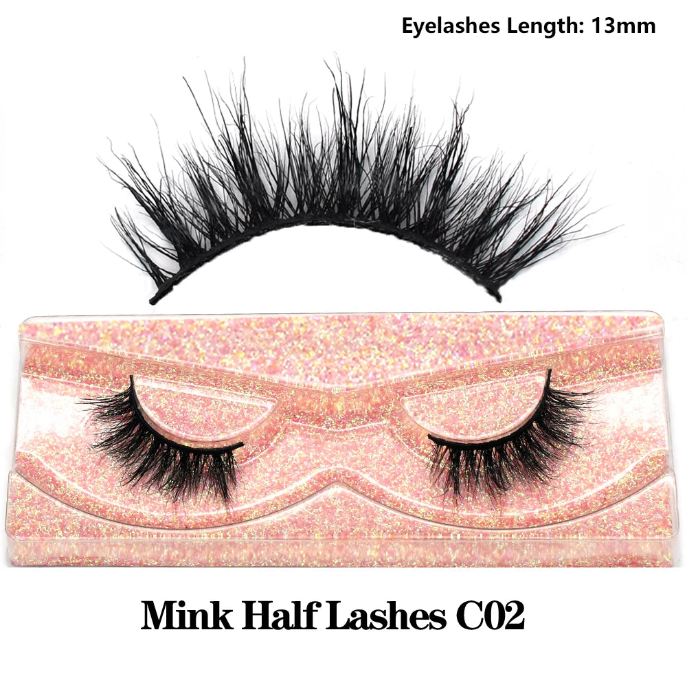 3D Mink Fluffy Half False Eyelashes Natural Soft Lightweight Clear Band Half Eye Strip Lashes Reusable Short Eyelashes Extension