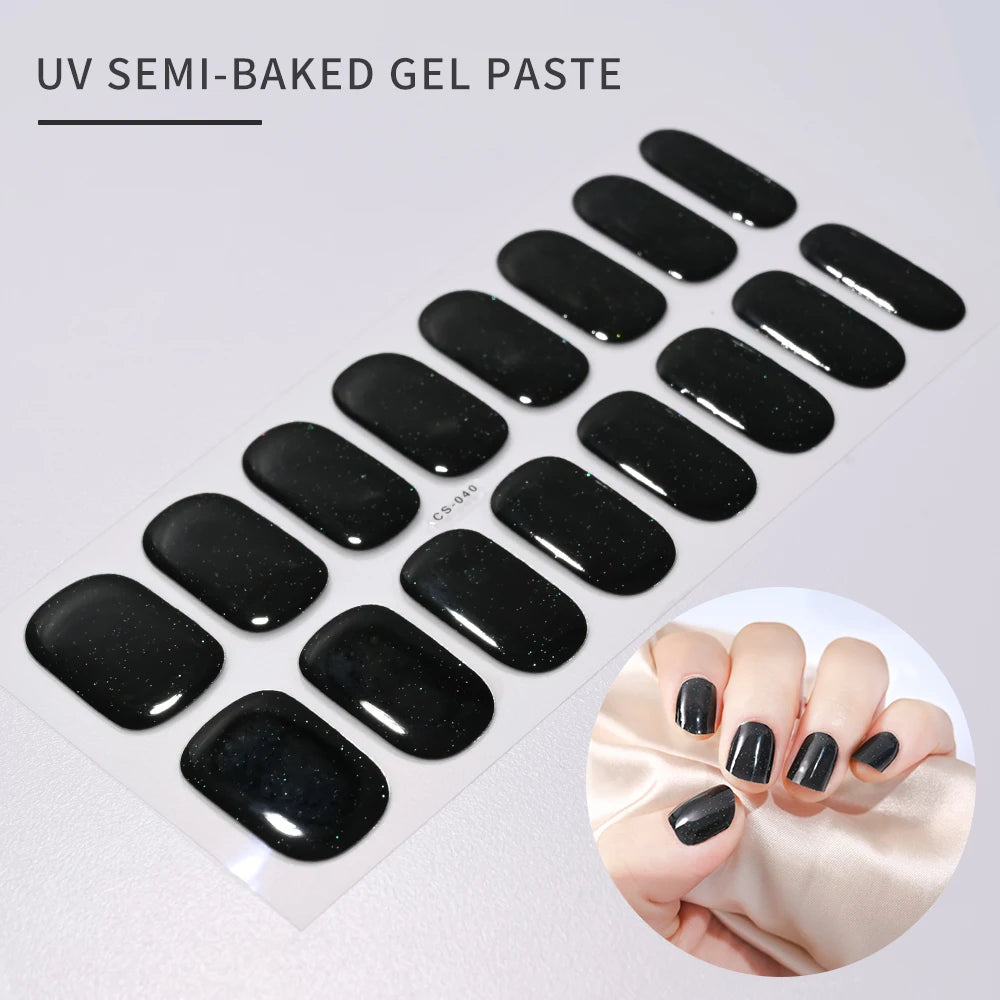 16Tips Glitter Semi-Cured Gel UV Sticker 3D French Gradient Shiny Glitter Powder UV Gel Sticker Full Cover UV Lamp Glitter Decal
