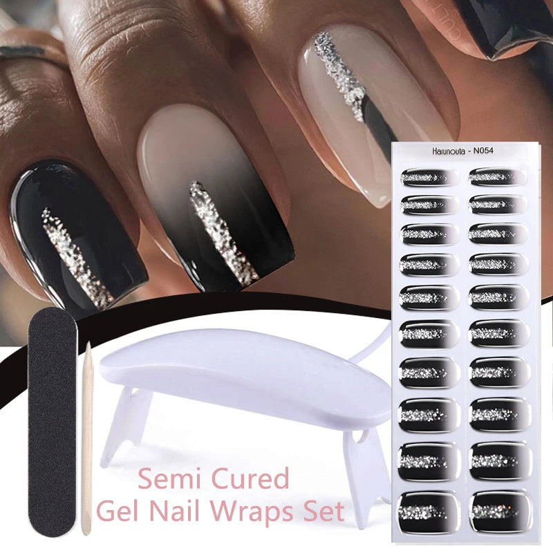 Harunouta 4pcs/set Gradient Jelly Semi Cured Gel Nail Strips with Nail Lamp Nude Pink Waterproof Nail Stickers Long Lasting Wrap