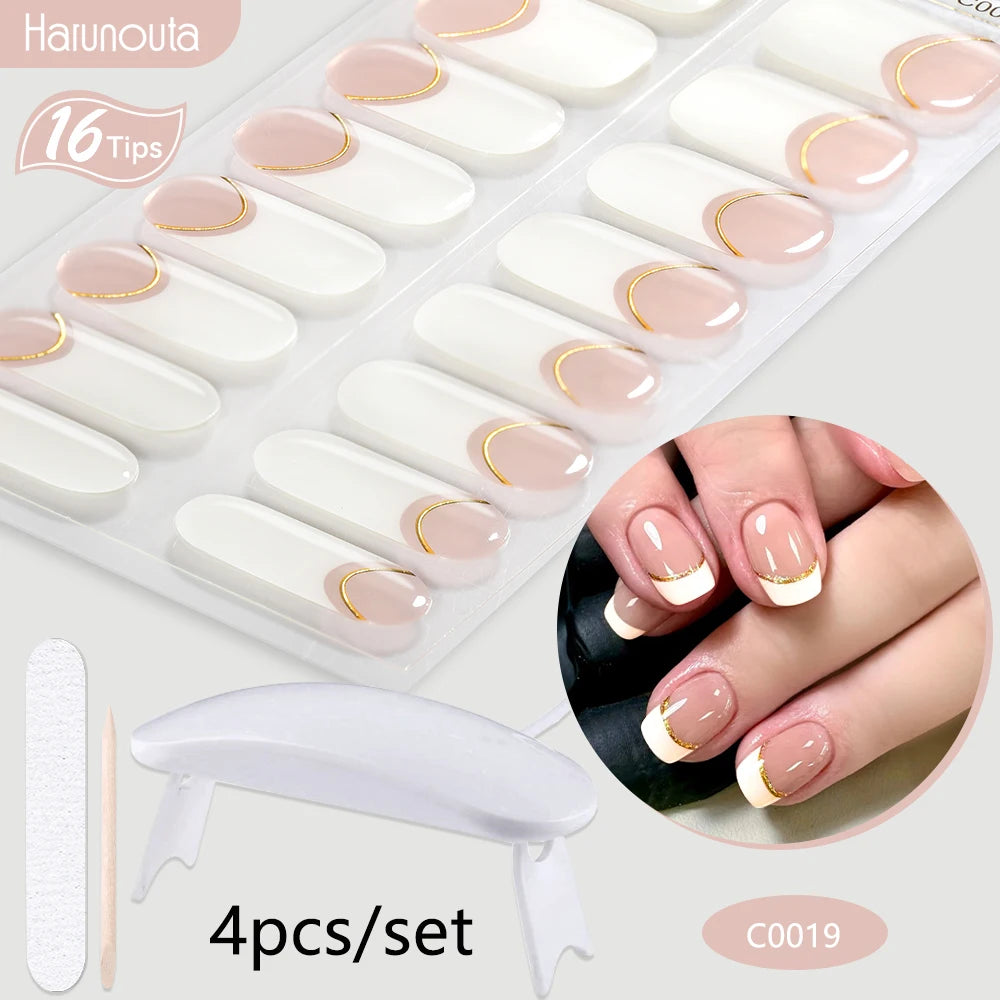 Harunouta 4pcs/set Gradient Jelly Semi Cured Gel Nail Strips with Nail Lamp Nude Pink Waterproof Nail Stickers Long Lasting Wrap