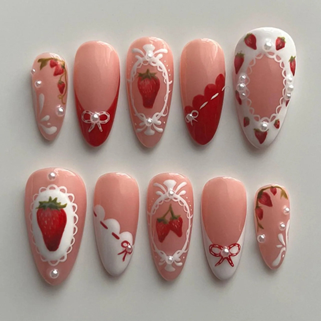 24PCS Wine Red Almond Press on Nails Cartoon Rabbit Bowknot with Plaid Pearl Designs French Fake Nails for Girls Detachable Nail