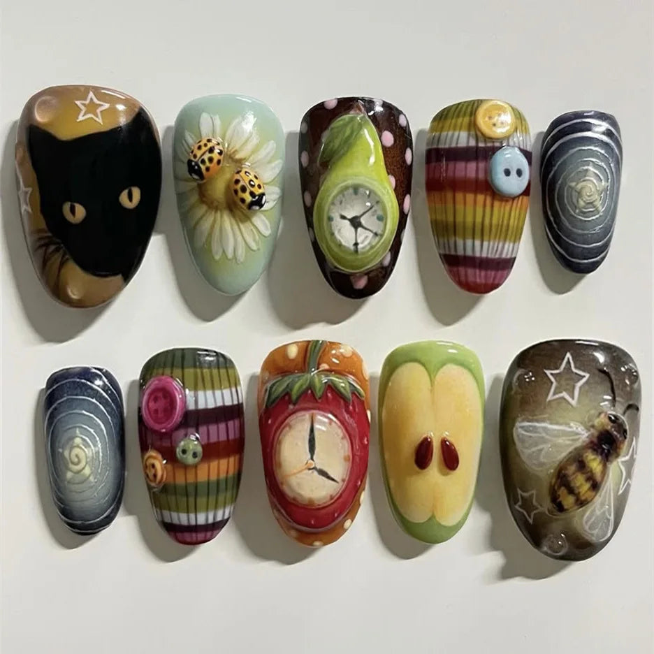 24pcs Flower Print Press on Nails Wine Red Blush Almond False Nail Tips Wearable Reusable Summer Spicy Girl Fake Nails