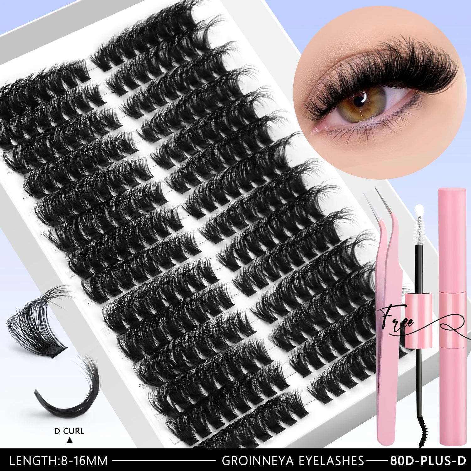 GROINNEYA DIY Eyelash Extension Kit Lashes Clusters Set Mix Eyelashes Full Set With Lash Bond&Seal and Eyelash Tweezers Makeup