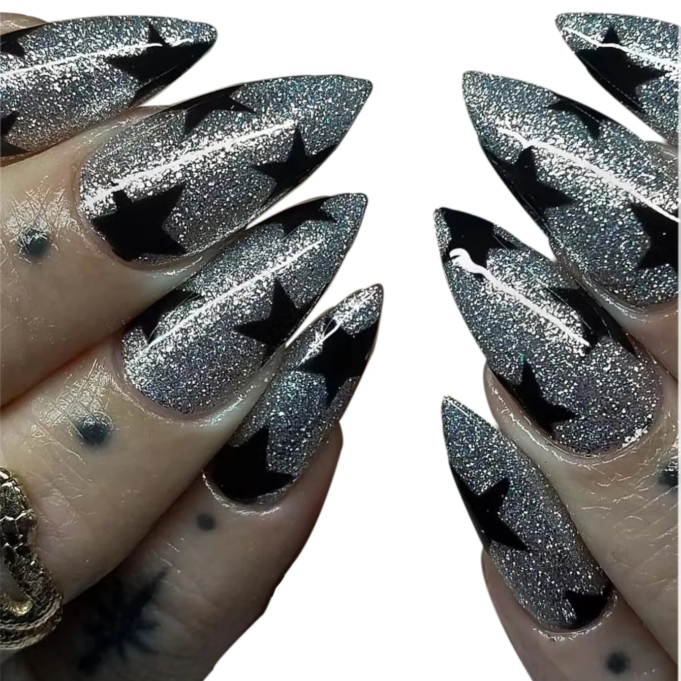 ARTAUG 24PCS Medium Stiletto Pink Black French Tip Press On Nails Star Pattern Glitter Press On Nails