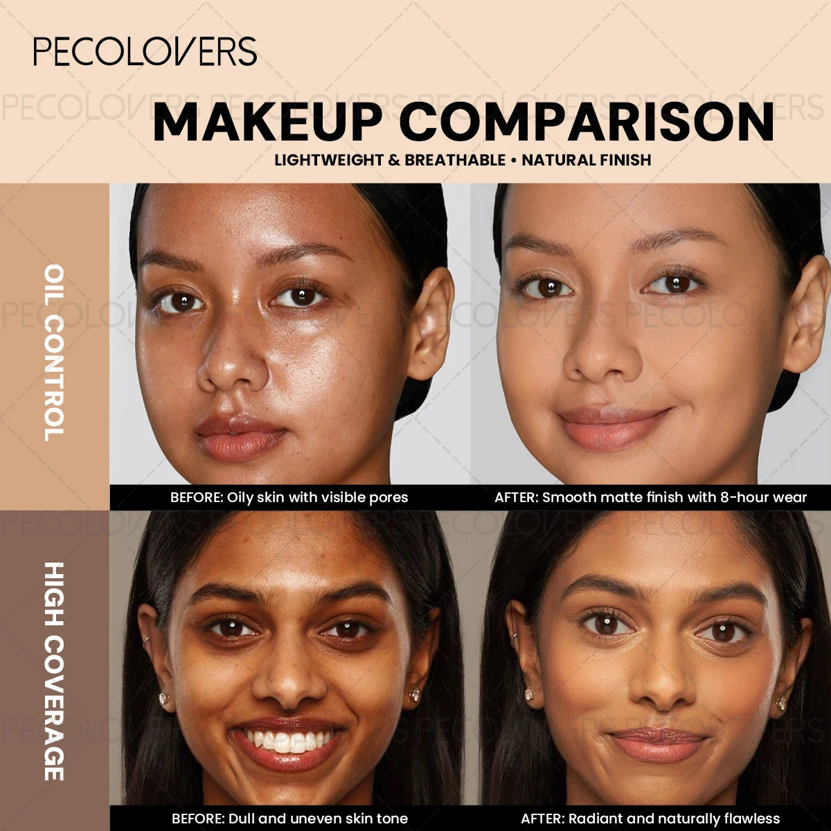 Pressed Powder Foundation, Waterproof, Matte Finish, Full Coverage, Non-Sticky, for All Skin Types, Light to Medium Tone