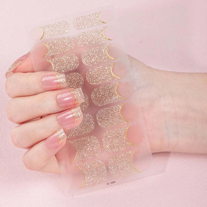 16Tips Sparkling DIY Baking-Free Nail Stickers French Nail Patch Full Cover Adhesive Nail Wraps Manicures Decoration Decal