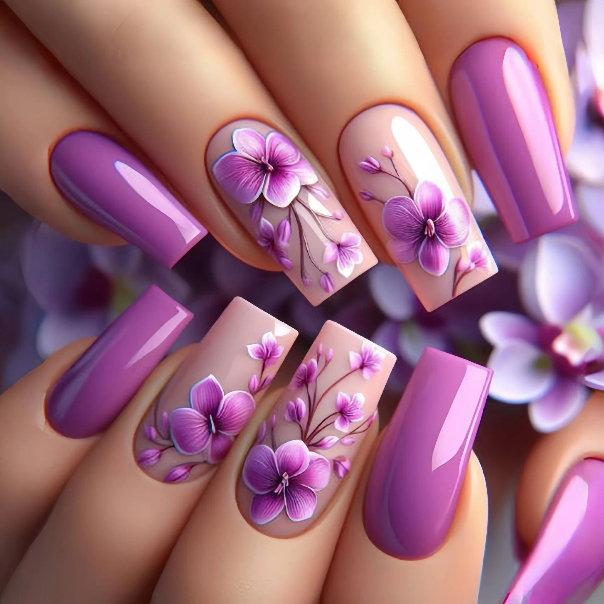 24pcs/set Medium long fake nails for women Spring summer flowers butterfly bee design faux ongles tips press on false nail art