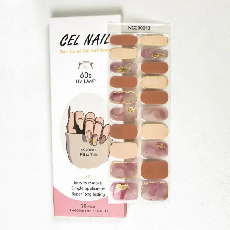 16/20Tips Semi-Cured Nail Wraps Simple Color Adhesive Full Cover Stickers for Nails UV Lamp Need Press On Nails DIY Manicure