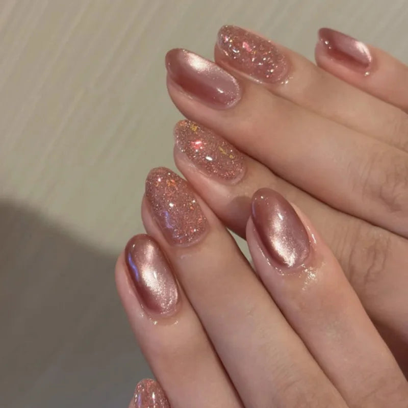 24Pcs Short Oval Head Blush Pink Press on Nails with Simple Designs Almond Nails Wearable Acrylic Full Cover Nail Tips with Glue