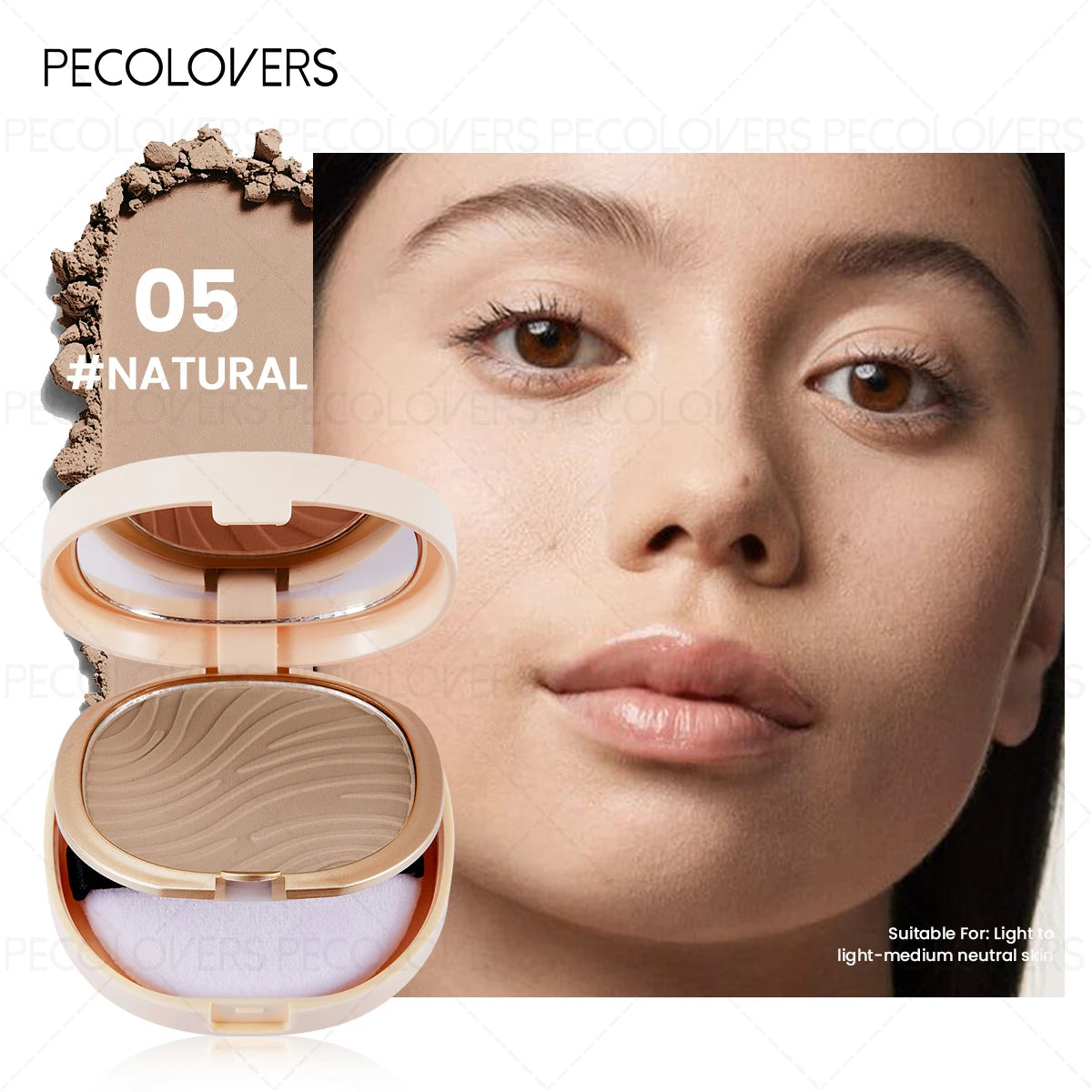 Pressed Powder Foundation, Waterproof, Matte Finish, Full Coverage, Non-Sticky, for All Skin Types, Light to Medium Tone