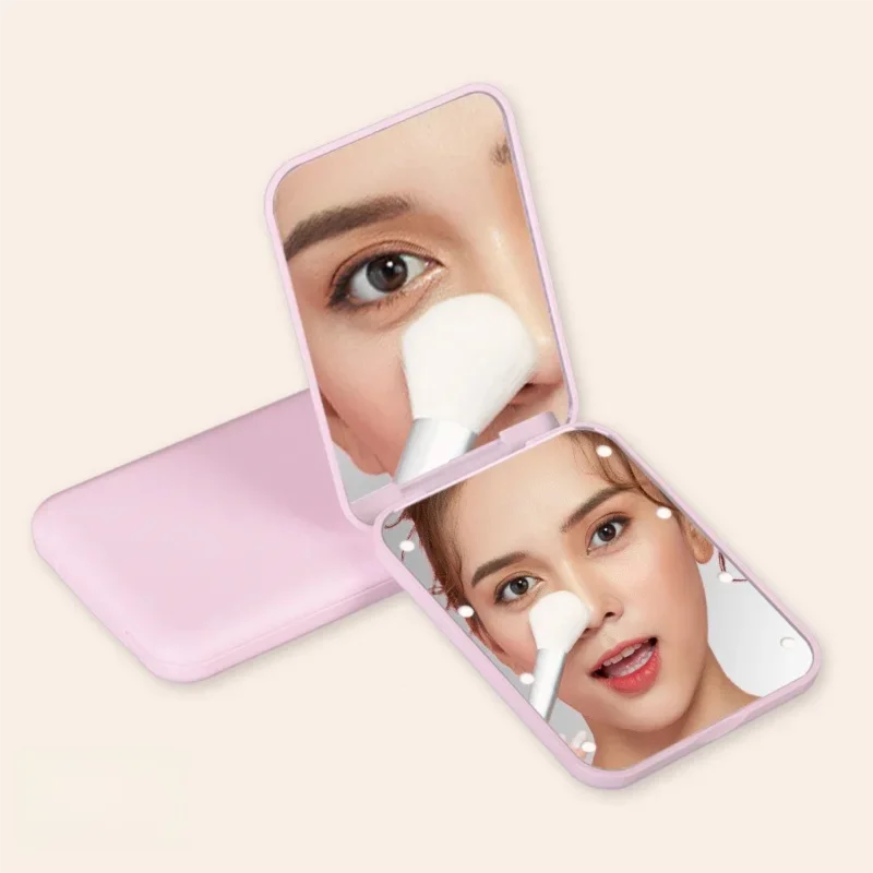 Compact Folding Mirror Portable Mini LED Makeup Mirror With 8 LED, 2x Magnification Button Battery Powered