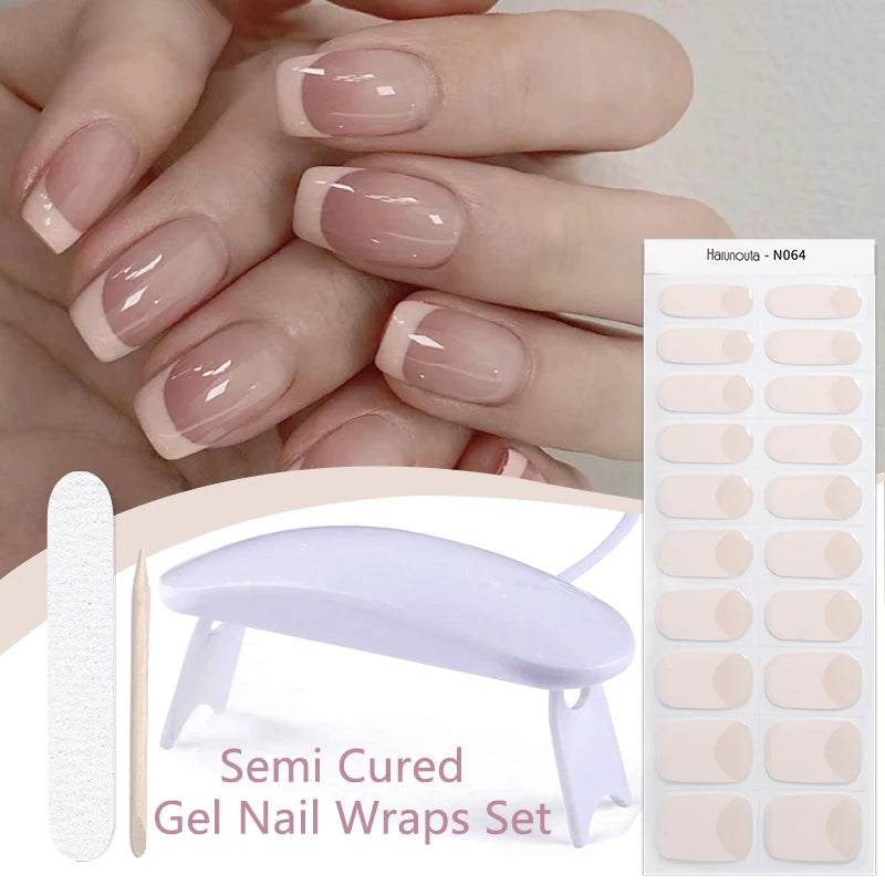 Harunouta 4pcs/set Gradient Jelly Semi Cured Gel Nail Strips with Nail Lamp Nude Pink Waterproof Nail Stickers Long Lasting Wrap