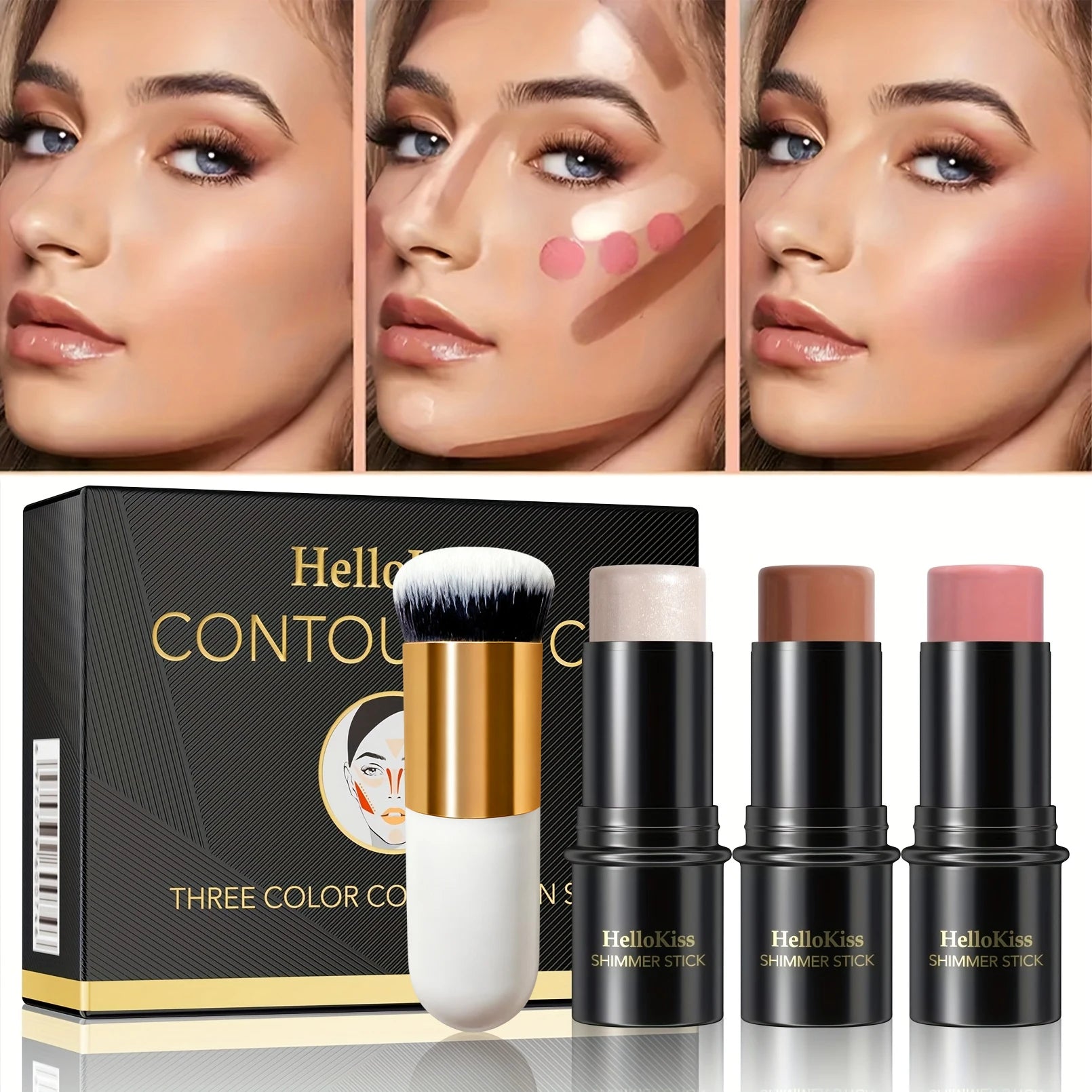 4pcs Blush & Highlighter Contour Stick with Brush - Waterproof, Long-Lasting, Multi-Function Makeup for Blush, Dark Circles.