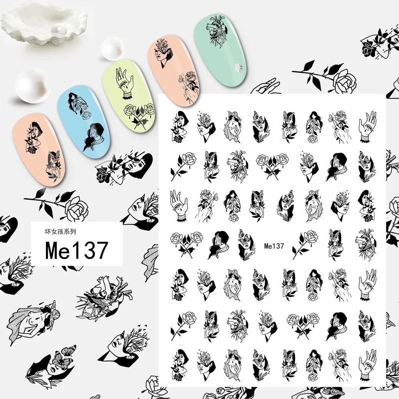 Nail Art Stickers Woman Girl Sexy Sticker Body Press on Nail Slider Black White Decal Decoration Nail Design Accessories Wraps