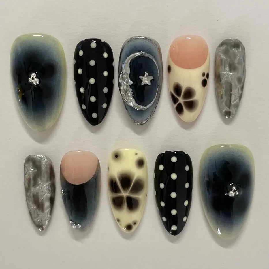 24pcs Gradient Black False Nails Yellow Star Moon Swan Pattern Press On Nails Sweet Cool Bowknots Flower Fake Nail Y2k Manicure