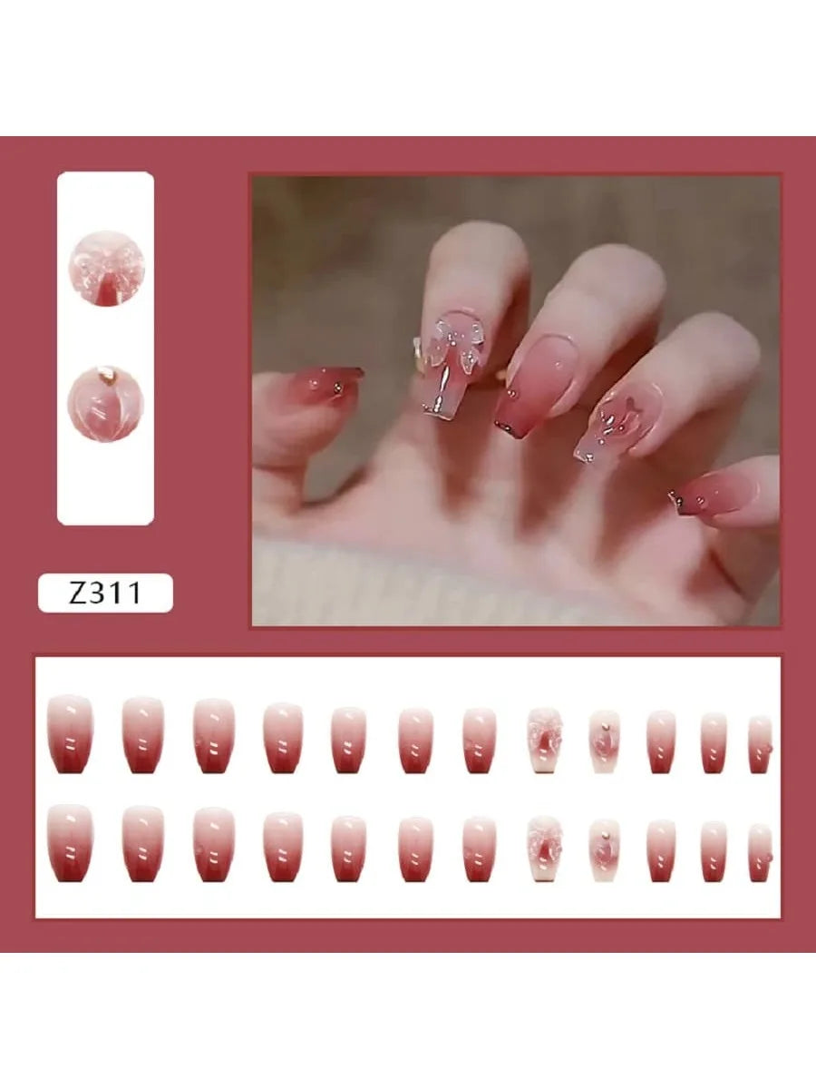 24PCS/1 BOX Gradient Patch  Love Peach Bow See Photochromic Stereo Wear Nail  Fake Nail