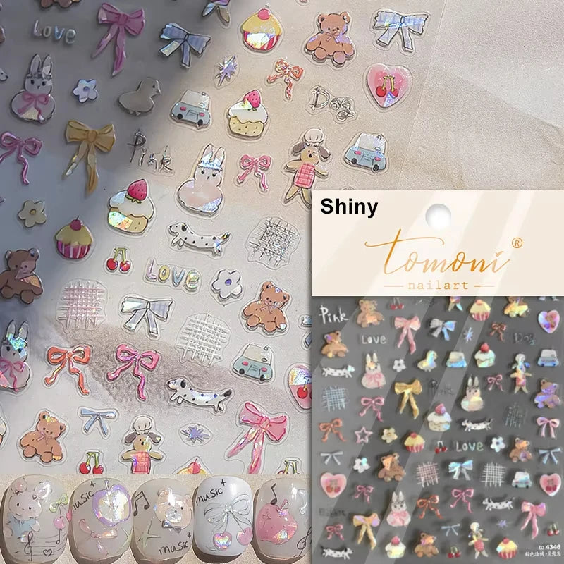 1pcs 5D Japanese Kawaii Bear Nail Art Stickers Brown Cartoon Animals Self-Adhesive Nail Decoration Decals DIY Slider Accessories