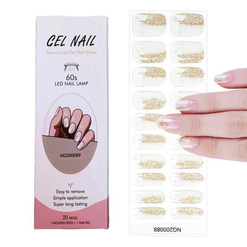 16/20Tips Semi-Cured Nail Wraps Simple Color Adhesive Full Cover Stickers for Nails UV Lamp Need Press On Nails DIY Manicure