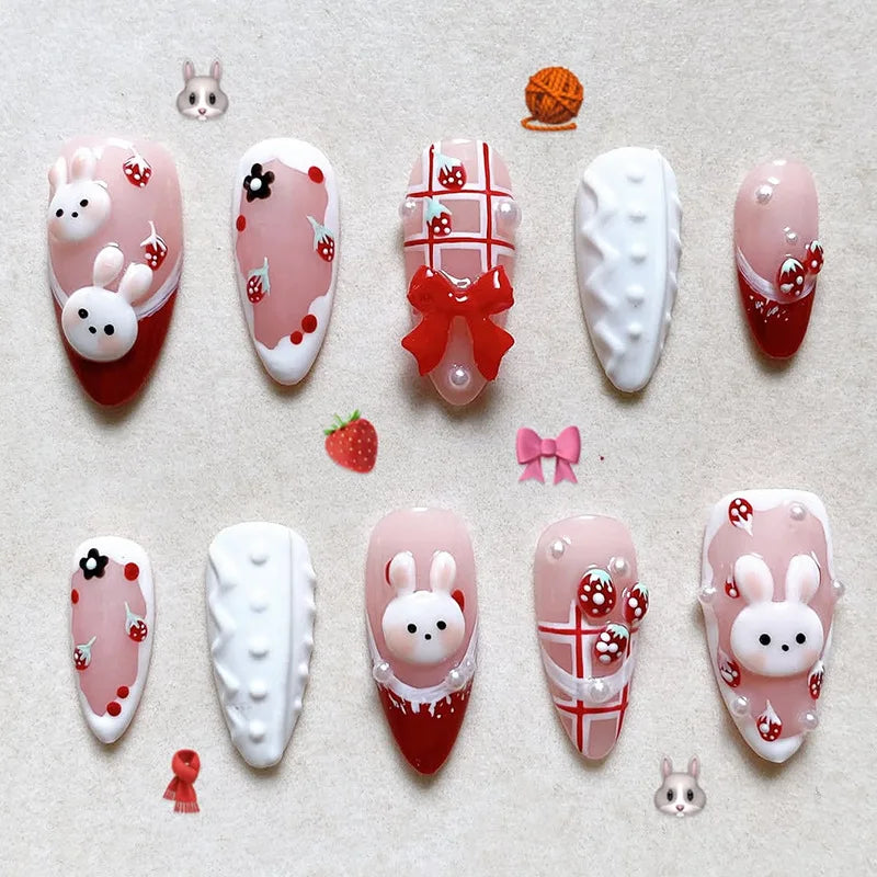 24PCS Wine Red Almond Press on Nails Cartoon Rabbit Bowknot with Plaid Pearl Designs French Fake Nails for Girls Detachable Nail