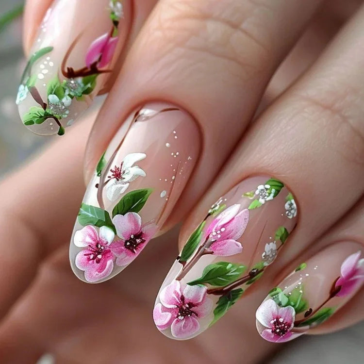 24pcs/set Medium long fake nails for women Spring summer flowers butterfly bee design faux ongles tips press on false nail art