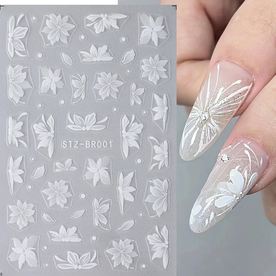 3D White Flower Nail Art Stickers Cute Floral Adhesive Sliders Acrylic Decoration Decals DIY Nail Charms Adhesive Accessories