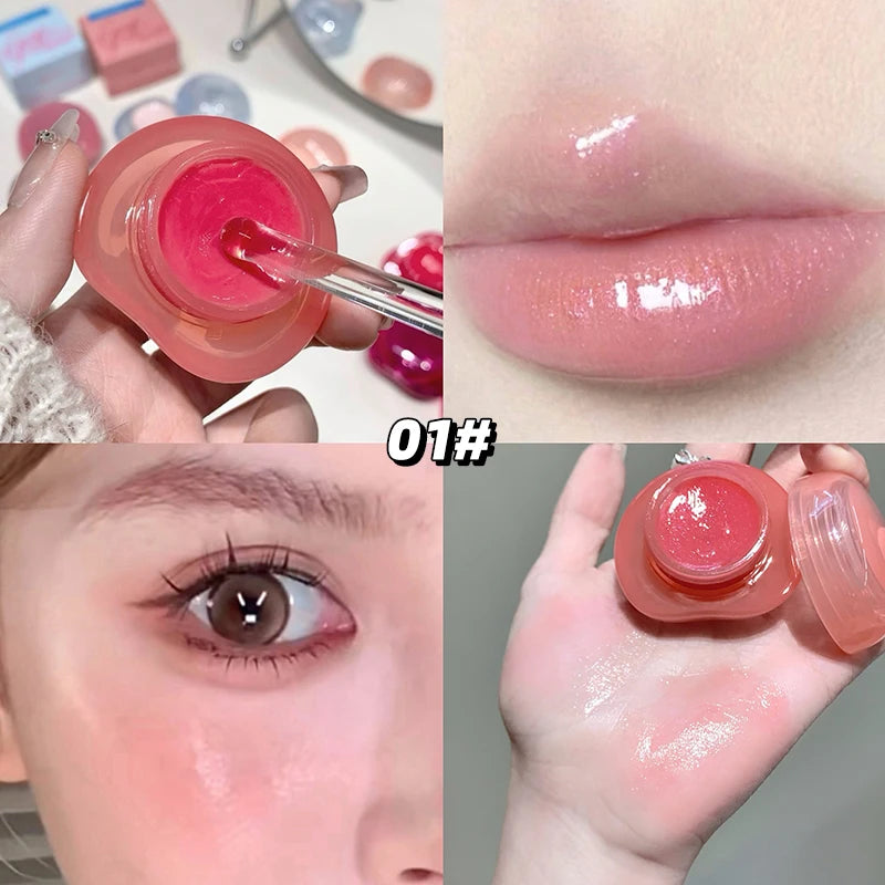 Canned Jelly Mirror Lipstick Peach Pink Lip Cheek Dual-use Cream Solid Lip Gloss Lasting Moisturizing Rouge Blush Korean Makeup
