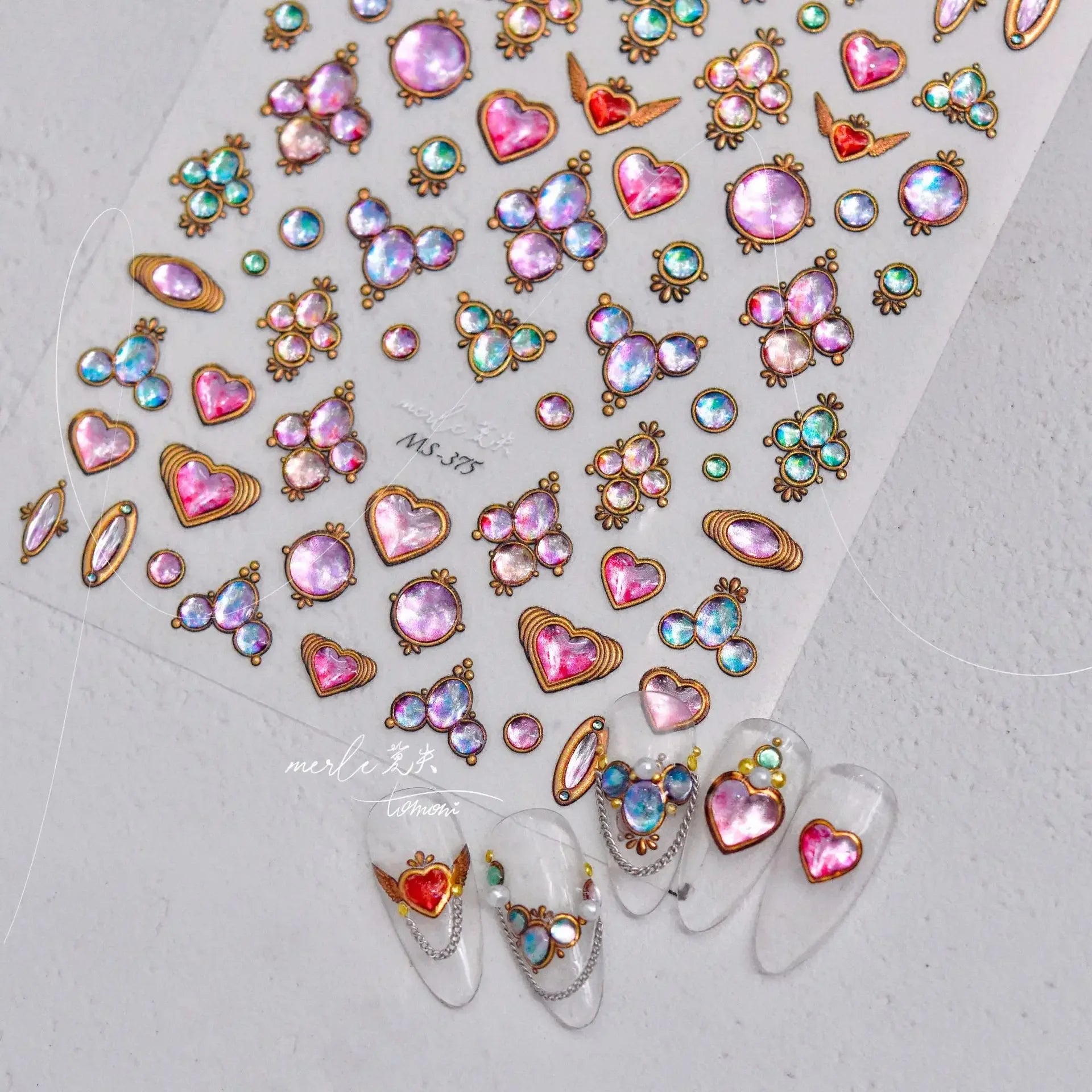 Cat's Eye 5D Gradient European Love Heart Gem Wing Crystal Geometric Colorful Self Adhesive Nail Art Stickers Manicure Decals