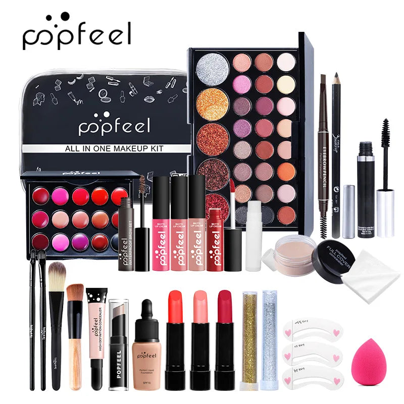 All in One Makeup Kit Gift Set with Eyeshadow Palette Foundation Lip Gloss Blush Brushes Eyeline Mixed Color Paste Long lasting